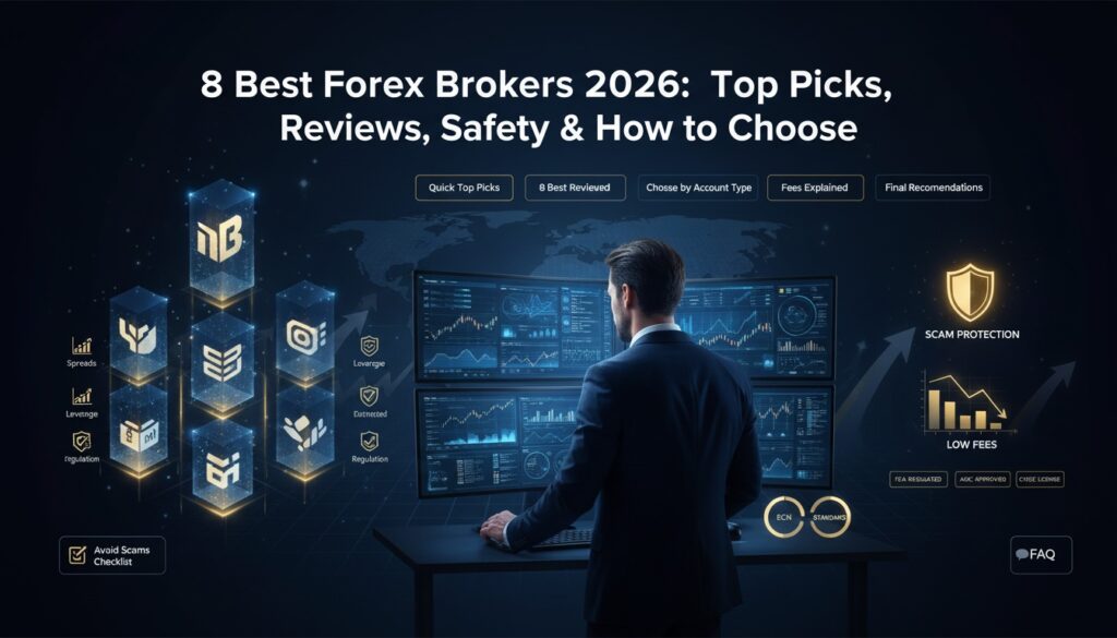 Infographic of 8 best forex brokers 2026: holographic logos, top picks comparison with spreads, leverage, FCA/ASIC regulation, fees, account types, scam shield, on trader's multi-monitors with global map and H2 banners