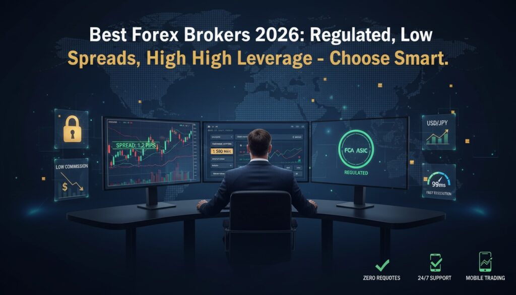 Infographic of best forex brokers 2026: trader analyzing EUR/USD tight spreads (1.2 pips), 1:500 leverage charts, FCA/ASIC regulation badges, low commissions, fast 99ms execution on multi-monitors with secure padlock and global market map."