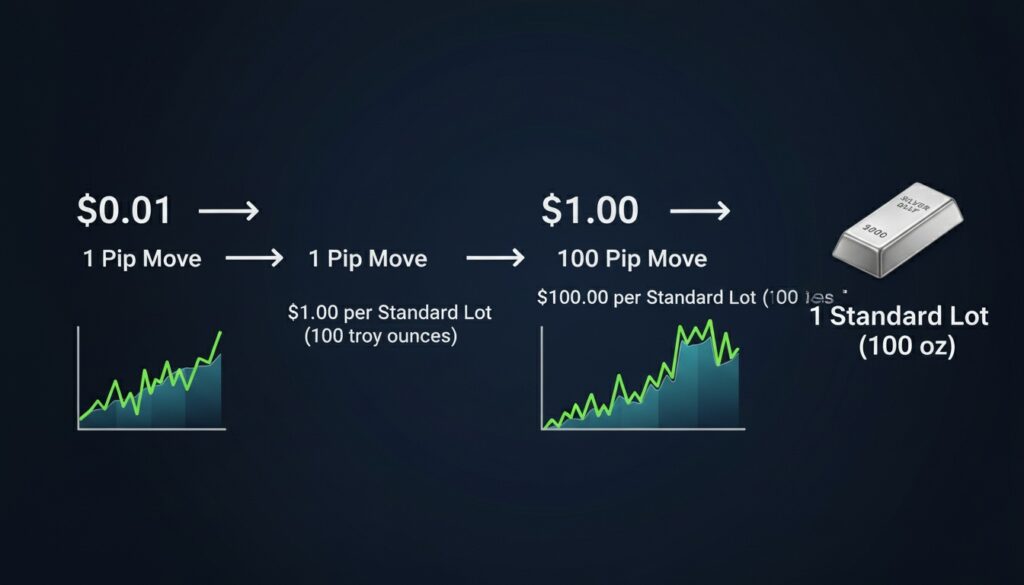 infographic showing Pip value for silver, each $0.01 move equals $1 per standard lot 