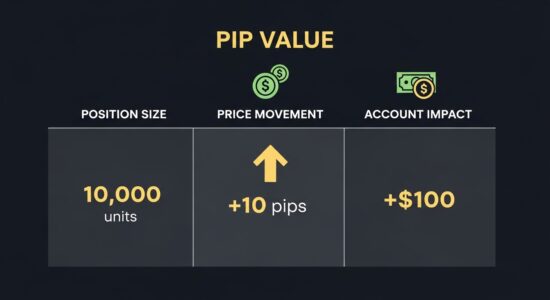 Valor del Pip: Cómo Calcular el Riesgo de Tu Operación en Forex Infografía del concepto de valor del pip mostrando tamaño de posición, movimiento de precio y su impacto en la cuenta en dólares