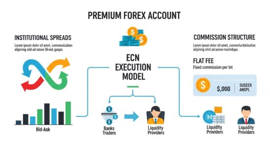 Premium Forex Konten Infografik — ECN-Ausführungsmodell mit institutionellen Spreads und Provisionsstruktur