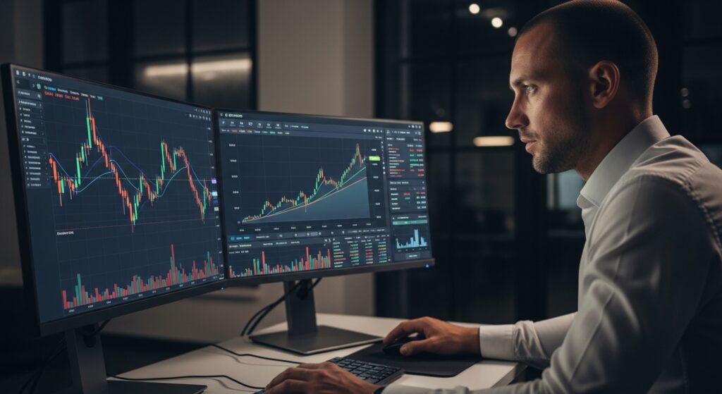 Forex trader making money in forex by analyzing EUR/USD candlestick charts on professional trading screens