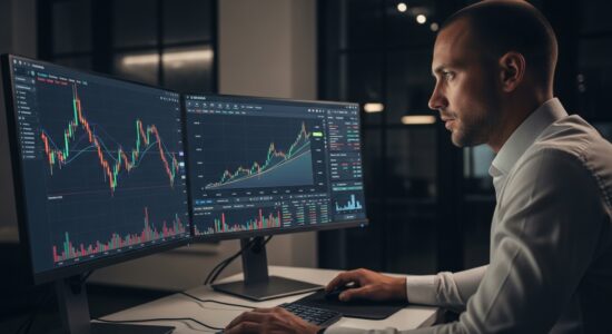 Forex trader making money in forex by analyzing EUR/USD candlestick charts on professional trading screens