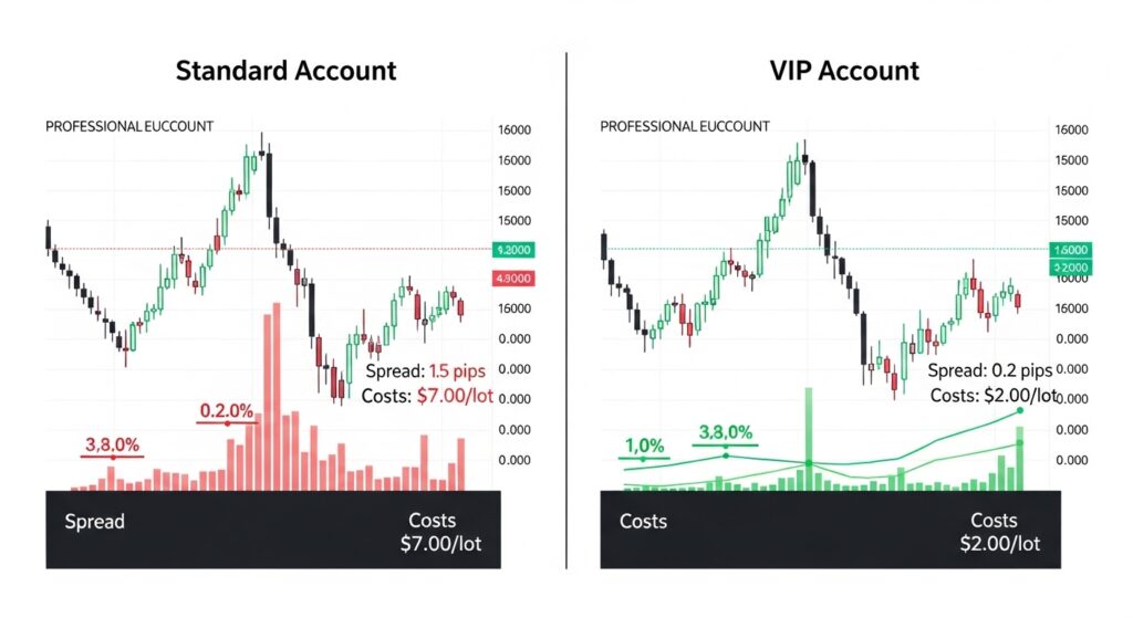 
مقارنة بين الحساب القياسي وحساب VIP فوركس تُظهر الفرق في السبريدات والتكاليف