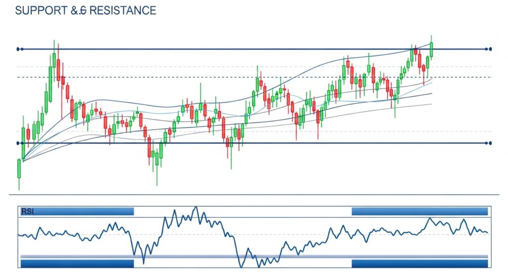 Technische Analyse Forex: Vollständiger Handelsleitfaden 1 Technische Analyse Forex – Infografik mit Unterstützungs- und Widerstandslinien, Gleitenden Durchschnitten, RSI-Indikator und Candlestick-Mustern auf einem Währungschart