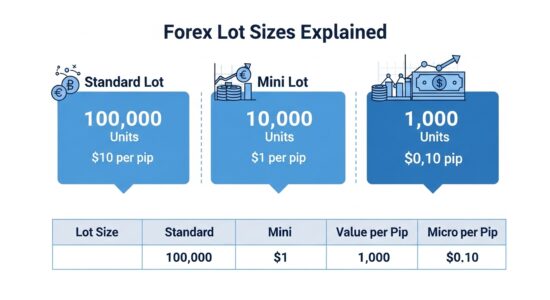 Was ist ein Lot im Forex: Vollständiger Leitfaden Was ist ein Lot im Forex – Infografik vergleicht Standard-Lot 100.000 Einheiten, Mini-Lot 10.000 Einheiten und Mikro-Lot 1.000 Einheiten mit Pip-Werten und Kontogrößenempfehlungen