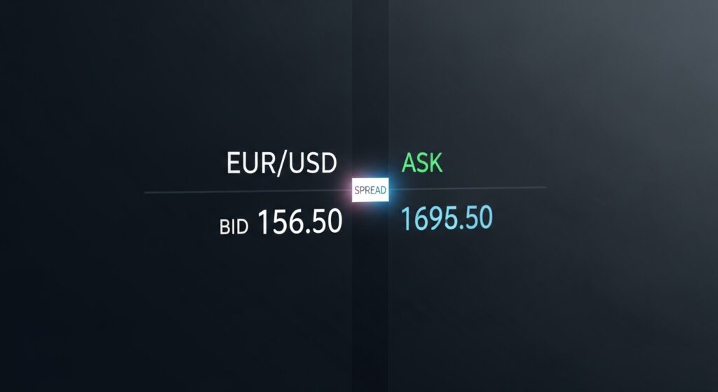 لقطة شاشة لمنصة تداول تعرض زوج اليورو/الدولار (EUR/USD) شرح مفهوم السبريد في الفوركس بواجهة احترافية داكنة.