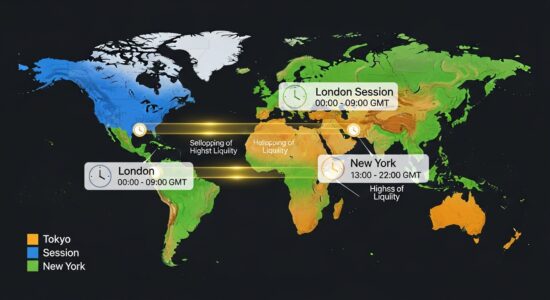 Mapa mundial que muestra las tres sesiones de trading de forex — Tokio, Londres y Nueva York — con sus horarios y zonas de solapamiento destacadas