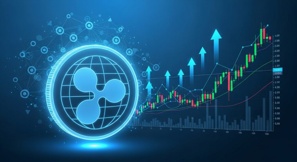 مفهوم تداول عملة XRP مع شعار ريبل ورسم بياني للسوق الرقمي - XRP