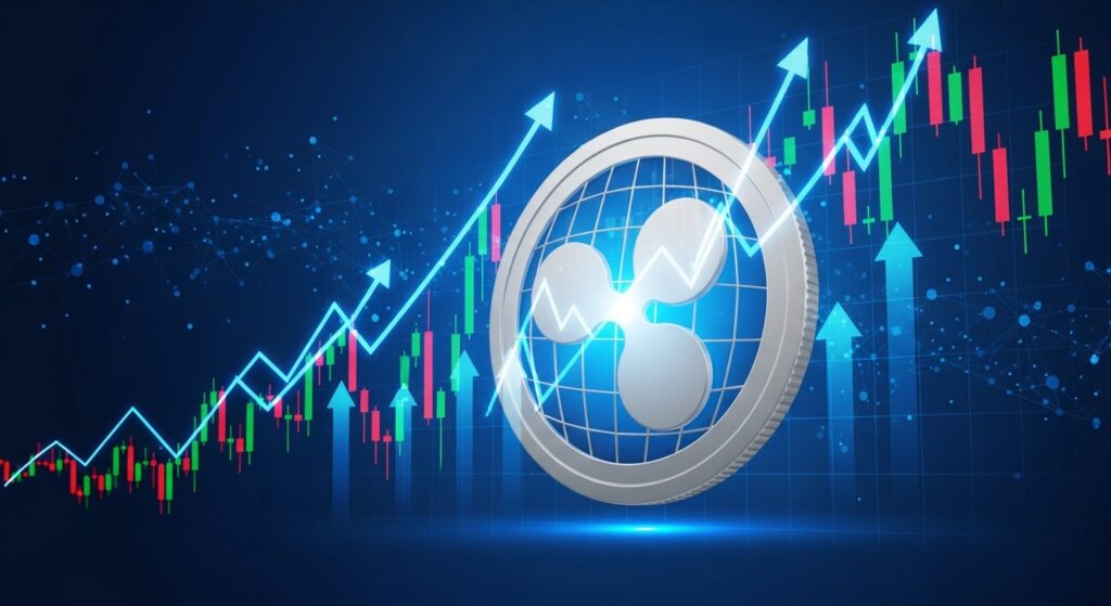 Concepto de trading de criptomoneda XRP con gráfico de mercado digital y logotipo de Ripple