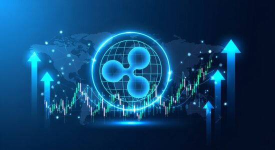 Concepto de trading de criptomoneda XRP con gráfico de mercado digital y logotipo de Ripple