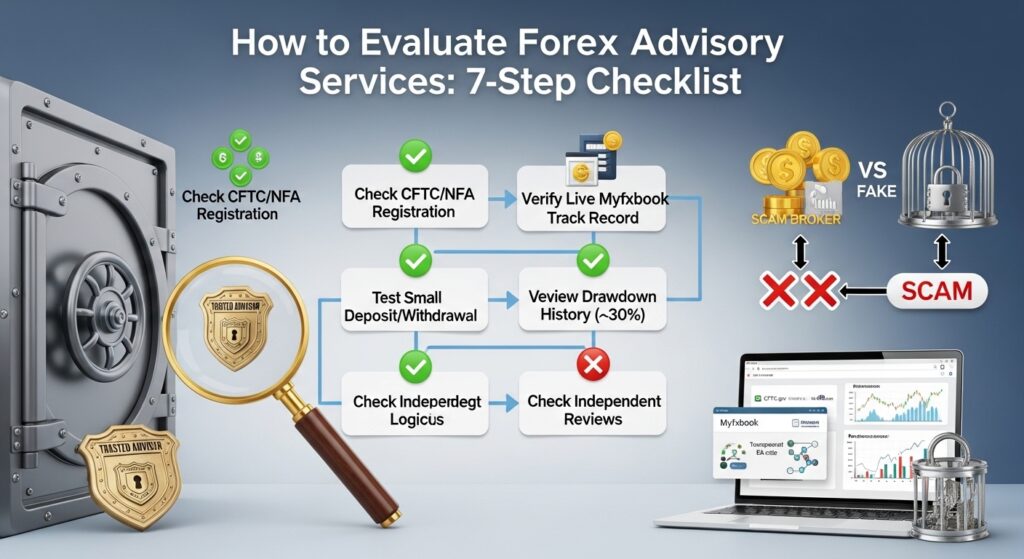 Step-by-step flowchart: How to evaluate forex advisory services checking CFTC registration, Myfxbook verification, and drawdown history for fastcashforex.com readers.