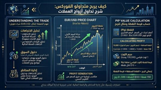 رسم توضيحي يوضح كسب المال من بيع العملات — كيف يحقق متداولو الفوركس أرباحاً من تداول زوج EUR/USD مع مثال على حساب قيمة البيب