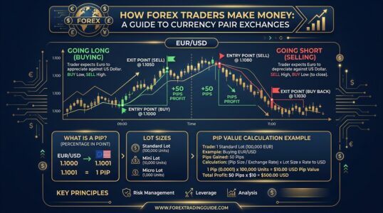 Infografía que explica cómo ganar dinero vendiendo dinero en el mercado forex mediante el trading de pares de divisas y movimientos de precios