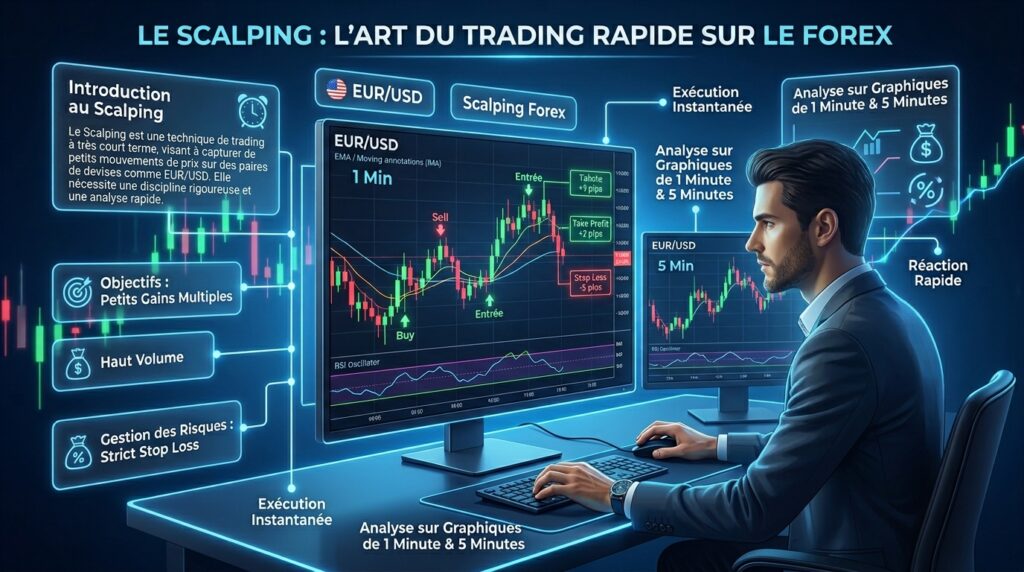 Le scalping en Forex avec analyse technique, graphiques en temps réel et stratégies de trading rapide.