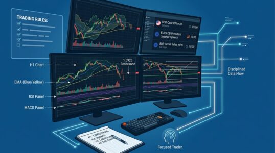 Trader Forex analysant des graphiques de trading sur plusieurs écrans avec indicateurs techniques pour apprendre comment gagner de l'argent en forex.