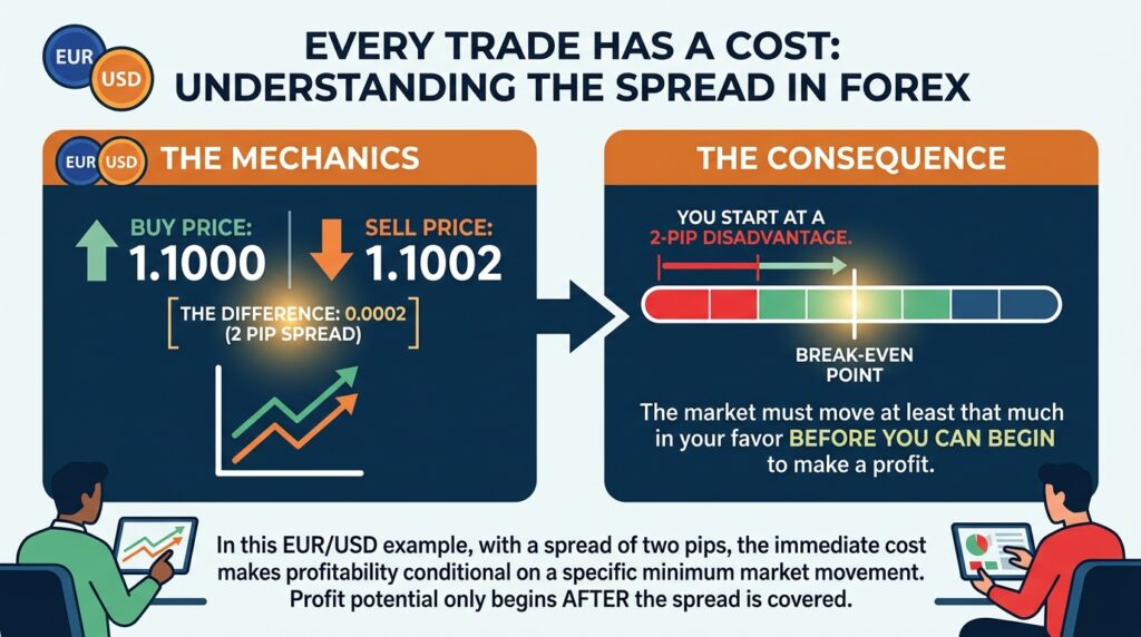 Infografía sobre ganar dinero vendiendo dinero en forex — el coste del spread muestra la diferencia entre precio de compra 1.1000 y precio de venta 1.1002 con una desventaja inicial de 2 pips antes del punto de equilibrio