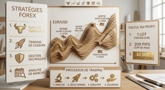 Infographie 3D illustrant comment gagner de l'argent en vendant de l'argent — stratégies forex EUR/USD avec entrée à 1.0720, sortie à 1.0920 et calcul de profit de 200 pips soit 2 000 dollars
