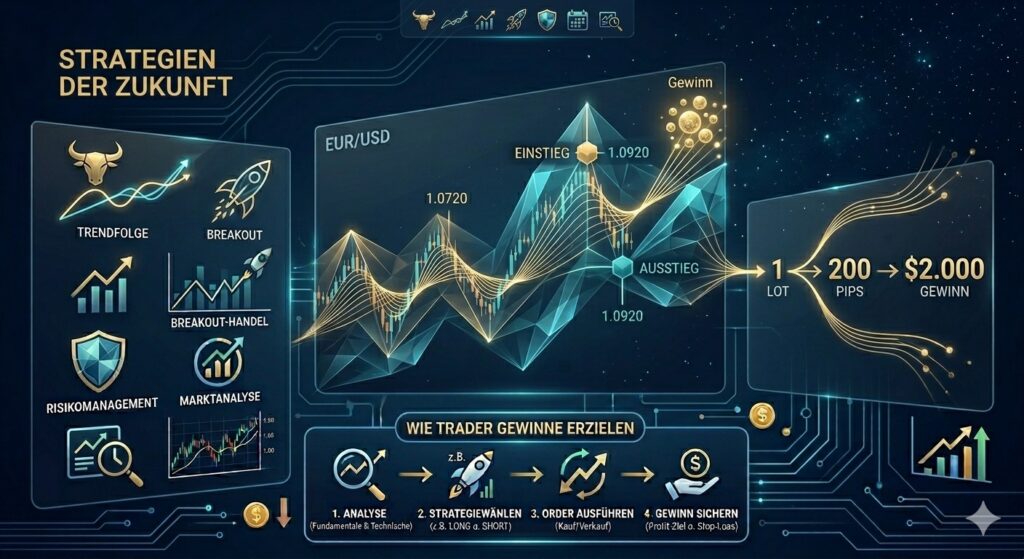 Infografik: Geld verdienen mit Währungshandel — EUR/USD Trendfolge und Breakout-Strategien mit 200 Pips Gewinn und 4-Schritte Trading-Prozess