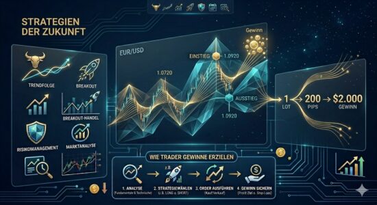 Geld verdienen mit Währungshandel: Wie Forex-Trader Gewinne erzielen Infografik: Geld verdienen mit Währungshandel — EUR/USD Trendfolge und Breakout-Strategien mit 200 Pips Gewinn und 4-Schritte Trading-Prozess